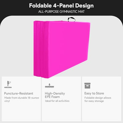 BalanceFrom 6x4 Feet 4-Panel Folding Gymnastics Mat – 2-Inch Thick Pad with Vinyl Surface and Carrying Handles for Tumbling, Yoga, Pilates, Home Workouts, and Martial Arts - color: Pink