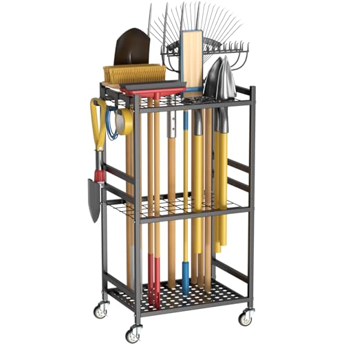 Garden Tool Organizer with Wheels, Heavy-Duty Yard Tool Rack with 3 Side Hooks, Holds Up to 40 Long-Handled Tools, Metal Garage Tool Storage for Lawn & Outdoor Organization