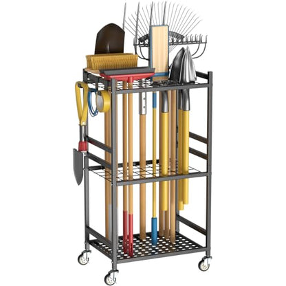 Garden Tool Organizer with Wheels, Heavy-Duty Yard Tool Rack with 3 Side Hooks, Holds Up to 40 Long-Handled Tools, Metal Garage Tool Storage for Lawn & Outdoor Organization
