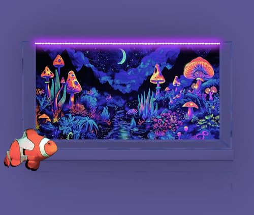 24X12IN Blacklight Mushroom Flower Black Light Aquarium Background, UV Fish Tank Background Moonlight Mountain Forest Landscape Terrarium Background with 10 EVA Double-Sided Tape