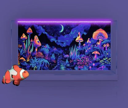24X12IN Blacklight Mushroom Flower Black Light Aquarium Background, UV Fish Tank Background Moonlight Mountain Forest Landscape Terrarium Background with 10 EVA Double-Sided Tape