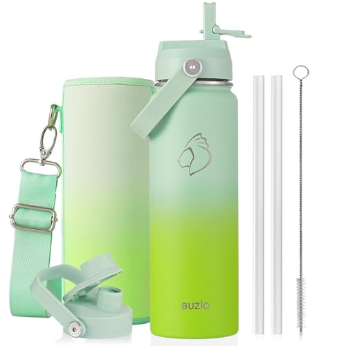 BUZIO 24 oz Insulated Stainless Steel Water Bottle with Straw & Spout Lids | Triple Wall Insulated Tumbler (Dishwasher Safe), Cold for 48 Hrs, Wide Mouth, Leakproof, BPA-Free, for Sports, Gym, School - color: Gradient Green, size: 24 Ounces