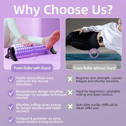 RUNWE Foam Roller with Stand - Bracket Foam Roller for Back Pain, 21 inch Trigger Point Deep Tissue Massage Roller, Medium Density Grid Bracket Foam Rollers, Leg Roller for Muscles Deep Tissue - color: Purple