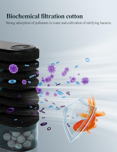 Aquarium Filter Sponge Filter, Submersible Fish Tank Filters Built-in Fluidized Bed and Bio Balls, Aquarium Air Driven Filter with Airline Tubing for 10-30 Gallon Fish Tanks
