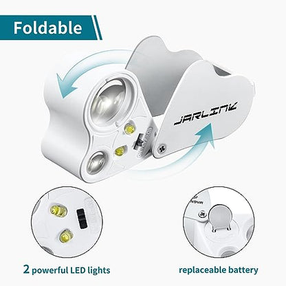 JARLINK 30X 60X Illuminated Jewelers Loupe Magnifier, Foldable Jewelry Magnifier with Bright LED Light for Gems, Jewelry, Coins, Stamps, etc - color: White