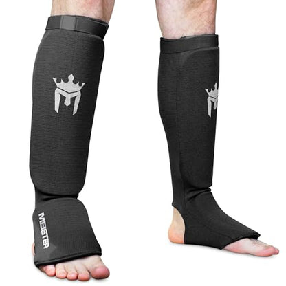Meister MMA Elastic Cloth Shin & Instep Padded Guards (Pair) - color: Black, size: Youth/X-Small