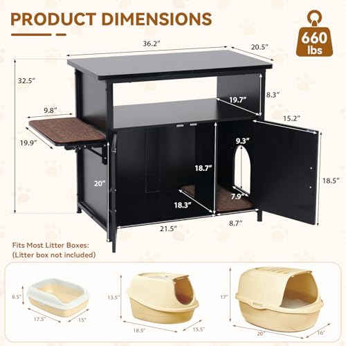 40-50 Gallon Fish Tank Stand with Hidden Cat Litter Box Enclosure Furniture, Cat Viewing Aquarium Stand with Storage Shelf & Side Cat Perch, 36.2"x20.5" Tabletop, 660 LBS Capacity - color: Black