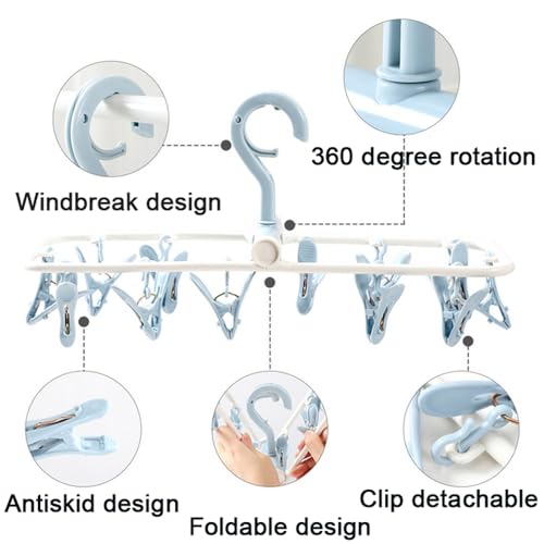Clothes Drying Racks 2 Pack Small Folding Portable Underwear Hangers with Clips Socks 12 Clips 360° Rotatable Hook for Drying Towels Bras Baby Clothes Gloves Plast