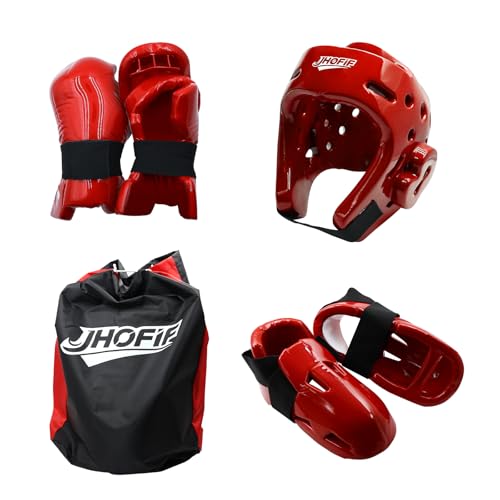 Martial Arts Karate Protective Sparring Gear Package Deal/Gift Adjustable Adult & Youth Headgear, Gloves & Kicks for MMA, Taekwondo, Boxing Training (Red, Medium)