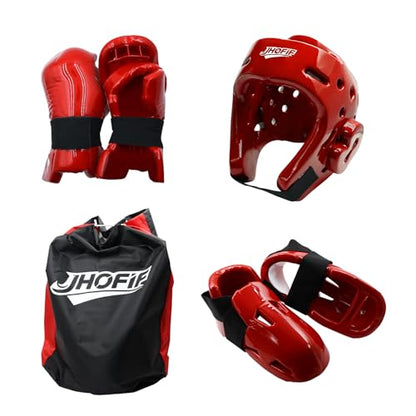 Martial Arts Karate Protective Sparring Gear Package Deal/Gift Adjustable Adult & Youth Headgear, Gloves & Kicks for MMA, Taekwondo, Boxing Training (Red, Medium)