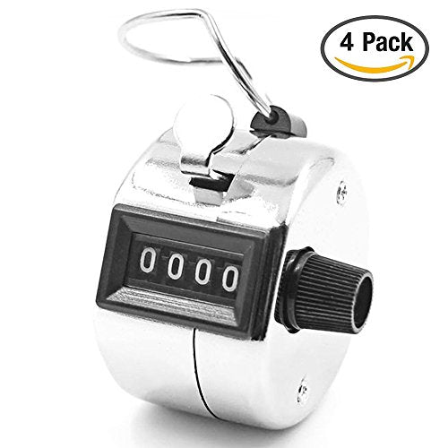 AFUNTA 4 Digit Hand Tally Counters, 4 Pack Mechanical Lap Tracker Manual Clicker with Metal Finger Ring Hoop Holder - Silver