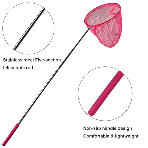 Kids Fishing Net Set – Telescopic Landing Net with Bucket, Small Butterfly & Bug Net, Storage Bag for Freshwater Lake Pond Garden Outdoor Activities - color: Pink