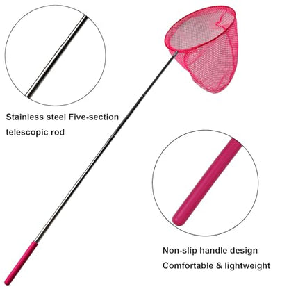 Kids Fishing Net Set – Telescopic Landing Net with Bucket, Small Butterfly & Bug Net, Storage Bag for Freshwater Lake Pond Garden Outdoor Activities - color: Pink