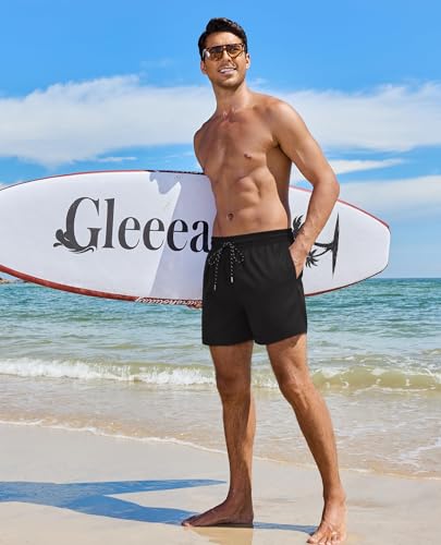 Gleeease 5 Inch Mens Swim Trunks with Compression Liner Men's Bathing Suit - color: Solid Black, size: 3X-Large