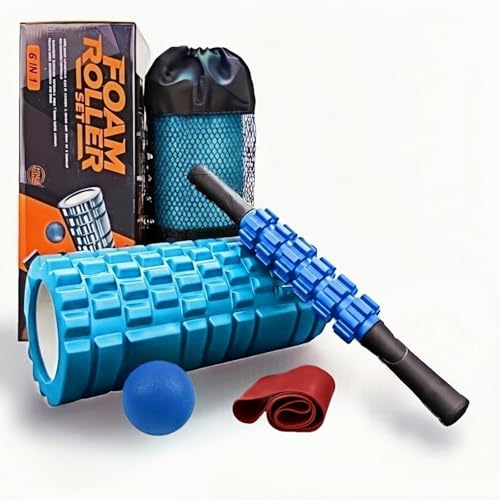 Aucuu 5 in 1 Foam Roller Set Includes Hollow Core Massage Roller, Yoga Stick, Massage Ball, Fitness Stretching Strap, Massage Roller, Carrying Bag, Towel (Blue) - color: Blue