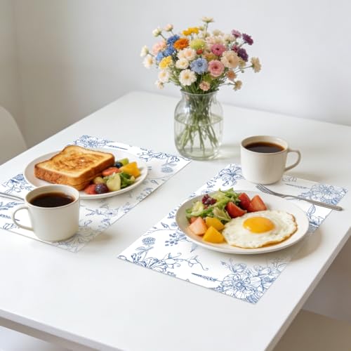 50 Pcs Blue Porcelain Paper Placemats, 11x16 Inch Blue Floral Disposable Placemats Spring Summer Flowers Chinoiserie Table Mats for Wedding Baby Shower Birthday Home Party Supplies