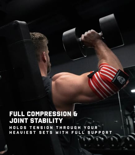Gymreapers Weightlifting Elbow Wraps (1 Pair) - Flexible 40'' Elbow Compression Strap & Joint Support Brace - for Bench Press, Powerlifting, and Pressing - color: Red/White