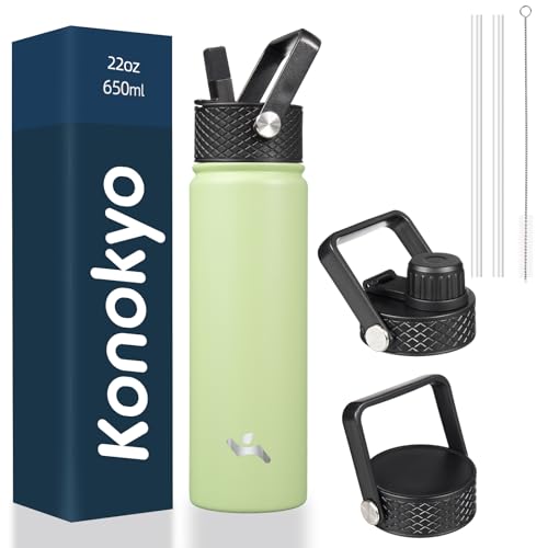 Konokyo 22 oz Insulated Stainless Steel Water Bottle with Straw Lid | Macaron Green; BPA-free, leak-proof sports bottle for gym, school, hiking, camping, travel, outdoor use & daily hydration - color: Macaron Green, size: 22 Ounces