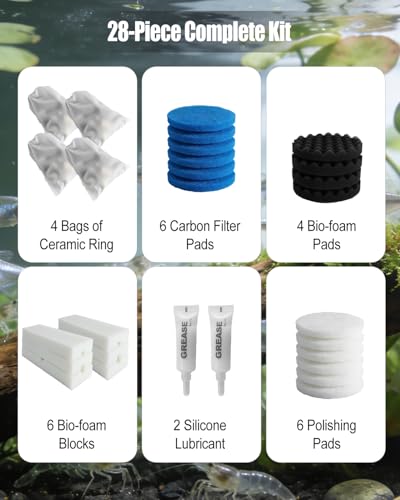 28 Pcs Replacement Filter Media Kit Fit for FX2 FX4 FX5 FX6 Aquarium Filters, Includes 6 Carbon Foam Pad, 4 Bio-Foam Pads, 6 Foam Block, 6 Water Polishing Pad, 2 Silicone Lube, 4 Media Bag