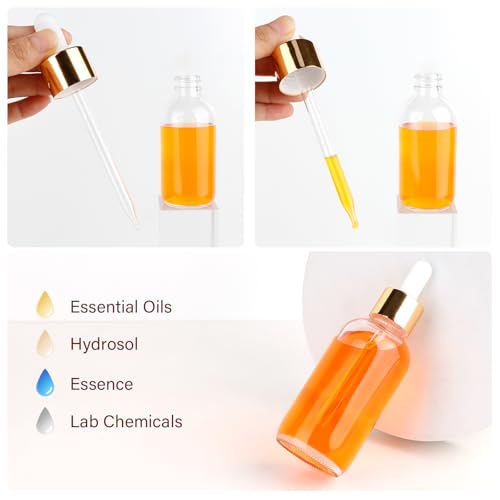 24 Pack 4oz Clear Glass Bottles with Golden Top Eye Droppers for Essential Oils, Perfumes & Lab Chemicals (Brushes, Funnels, Extra Droppers, Labels & Measuring Cup Included) - color: Gold