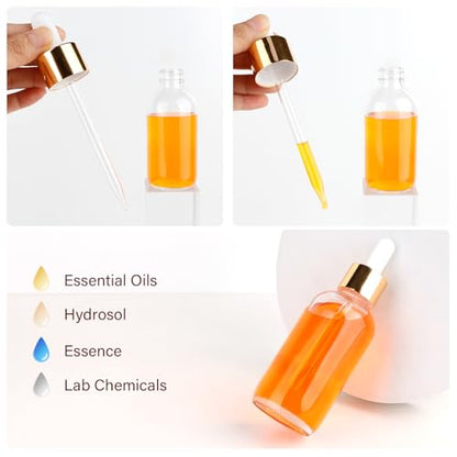 24 Pack 4oz Clear Glass Bottles with Golden Top Eye Droppers for Essential Oils, Perfumes & Lab Chemicals (Brushes, Funnels, Extra Droppers, Labels & Measuring Cup Included) - color: Gold