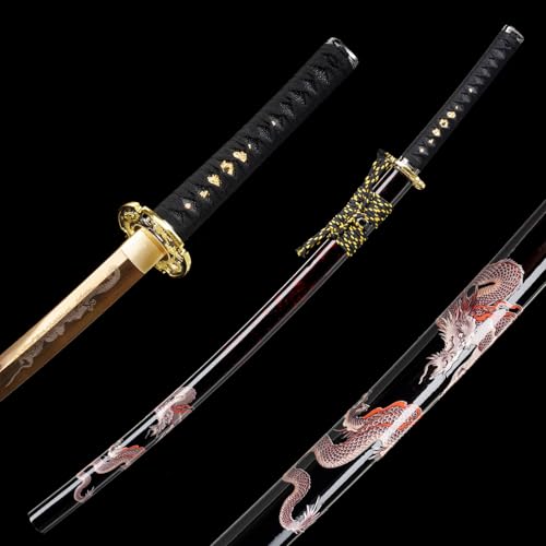 OYZ Real Katana Japanese Samurai Sword, Unique Gift for Men Full Tang Clay Tempered t10 Steel Blade, Spring Steel Memorable for Martial Arts Enthusiasts or Collectors. - style: Golden Dragon themes