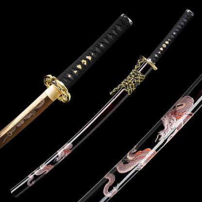 OYZ Real Katana Japanese Samurai Sword, Unique Gift for Men Full Tang Clay Tempered t10 Steel Blade, Spring Steel Memorable for Martial Arts Enthusiasts or Collectors. - style: Golden Dragon themes