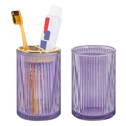 Toothbrush Holders for Bathrooms, 2pcs Purple Glass Toothbrush Holder, Bathroom Toothbrush Cup and Toothpaste Holder with Gold Divider, Tooth Brush and Toothpaste Organizer for Countertop - color: Purple Gold