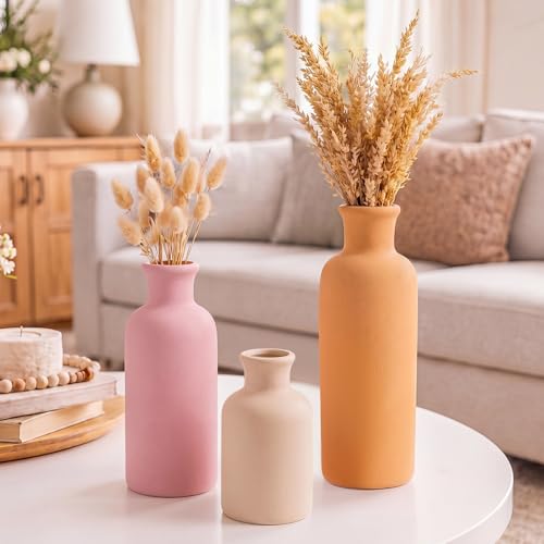 Modern Ceramic Vase Set of 3 Pink Orange Boho Vases for Home Farmhouse Rustic Decorative Bottles for Living Room Bedroom Shelf Table Bookshelf Entryway Decoration Housewarming Gift