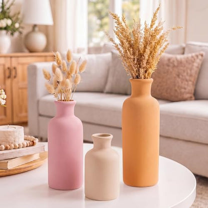 Modern Ceramic Vase Set of 3 Pink Orange Boho Vases for Home Farmhouse Rustic Decorative Bottles for Living Room Bedroom Shelf Table Bookshelf Entryway Decoration Housewarming Gift