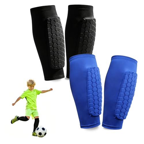 2 Pairs Soccer Shin Guards Kids with Honeycomb Pads | Shin guards soccer with Honeycomb shock-absorbing pads suitable for Pickleball Football Ski MTB - color: Black+Blue, size: X-Small