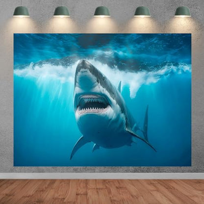 Shark Photography Backdrop 5x4ft Underwater Ocean Blue Sea Marine Life Theme Party Background for Birthday Party Decorations Photo Booth Studio Props - size: 5X4FT