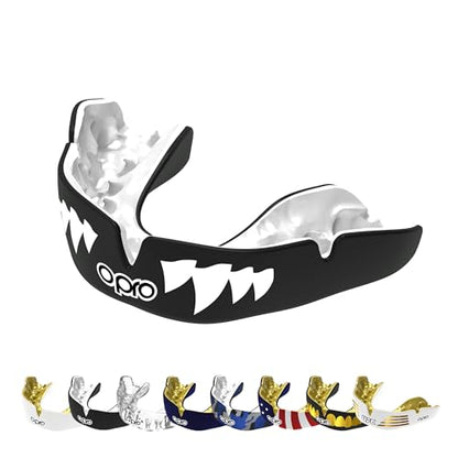 OPRO Instant Custom-Fit Mouthguard – Dentist Level Gum Shield Adult and Kids – OPRO Mouth Guard Boxing and MMA, Self-Fit Gum Shield Rugby – Maximum Protection with Dental Warranty (Black/White/White) - color: Black Jaws - Black/White/White, size: Adult (1
