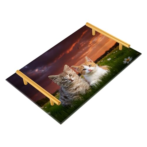 Bathroom Vanity Tray Counter Organizer, Two Cute Cats Decorative Tray with Handles Countertop Storage for Bathroom Bedroom Kitchen Home Farmhouse - color: Two Cute Cats