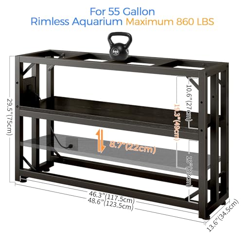 55 Gallon Fish Tank Stand with Power Outlet,Adjustable Aquarium Stand, Heavy Duty Terrarium Stand,Metal Frame Reptile Turtle Tank Stand Suitable for Home Office,860LBS Capacity, Black - color: Black, size: 55 Gallon