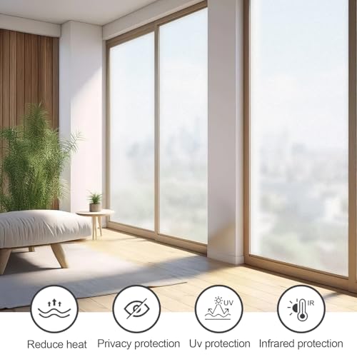 Frosted Glass Window Privacy Film - Heat Control Sun UV Blocking，Removable, Reusable, Opaque, Non Adhesive Static Cling Glass Stickers Door Coverings Decals for Bathroom Home Office - size: 17.5" x 157.5"
