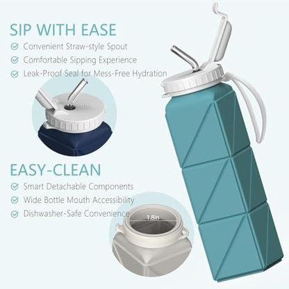 BEAUTAIL Collapsible Water Bottles 21oz/610mL, Silicone Travel Water Bottle | BPA Free, Leakproof & Reusable, Foldable Water Bottle for Traveling, Hiking, School, Sports, Outdoor, 2-Pack, Blue+DarkBlue - color: Dark Blue+Blue