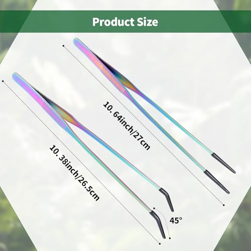 2 Pack Stainless Steel Reptile Feeding Tongs with Rubber Tip, 10.6" Straight & Curved Tweezers, for Aquarium or Craft, Planted Tank, Terrarium Tank, Feeder for Beard Dragons, Lizard and Snakes