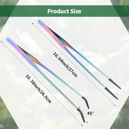 2 Pack Stainless Steel Reptile Feeding Tongs with Rubber Tip, 10.6" Straight & Curved Tweezers, for Aquarium or Craft, Planted Tank, Terrarium Tank, Feeder for Beard Dragons, Lizard and Snakes