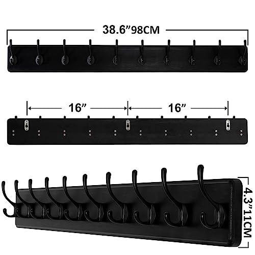 SKOLOO Rustic Wall Mounted Coat Rack, 10 Hooks, 38", Solid Wood, Black - color: Black, size: 38 inch
