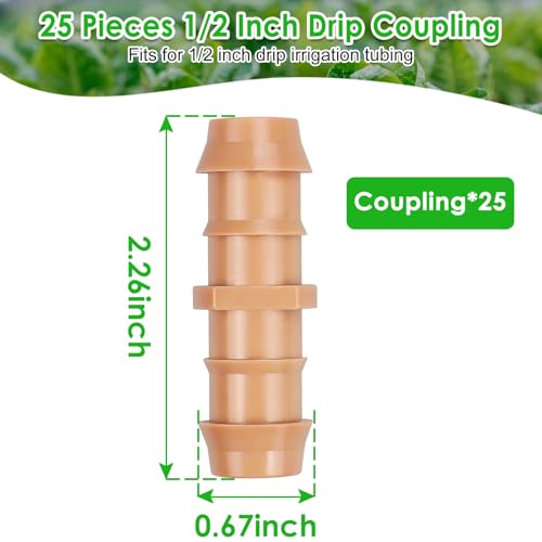 Drip Irrigation Barbed Coupling Fittings: 25 Pieces 1/2 Inch Drip Line Coupler Connectors for 1/2" Drip Irrigation Tubing Irrigation System Replacement Parts for Sprinkler Systems