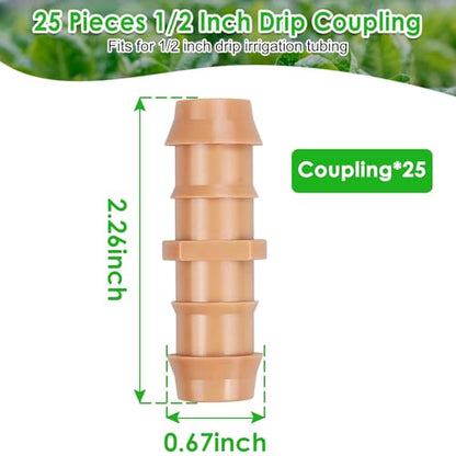 Drip Irrigation Barbed Coupling Fittings: 25 Pieces 1/2 Inch Drip Line Coupler Connectors for 1/2" Drip Irrigation Tubing Irrigation System Replacement Parts for Sprinkler Systems