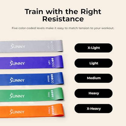 Sunny Health & Fitness 5-Level Resistance Loop Bands for Strength Training | Full-Body Workout, Progressive Exercise, Yoga, Pilates, Recovery, Lightweight, Compact, Carry Bag for Travel