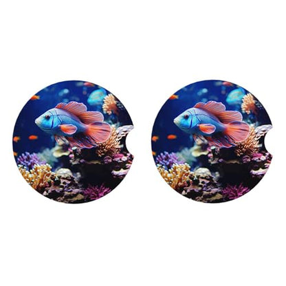 Coral Reef Fish Aquarium Ceramic Car Coasters 2 Pack 2.56 in, Absorbent Insert Cupholder Coaster Car Cup Holder Mat with Finger Notch Non-Slip Cork Base Reusable Drink Coasters
