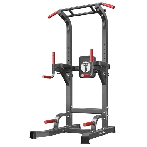 SogesHome Multifuntional Power Tower Pull Up Bar Dip Station for Home Gym - color: Black & Red