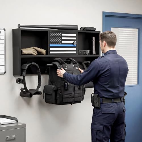 Police Gear Rack - Police Hanger with Hooks, Black Tactical Duty Gear Rack with Thin Blue Line Flag, Lock Safe, Vest Hanger & Belt Hook, Wall Mounted Body Armor Stand Organizer Rack