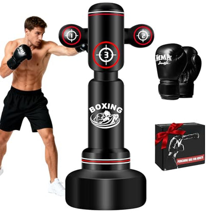 Heavy Punching Bag for Adults Teens, Standing Boxing Bag with Gloves - color: Red