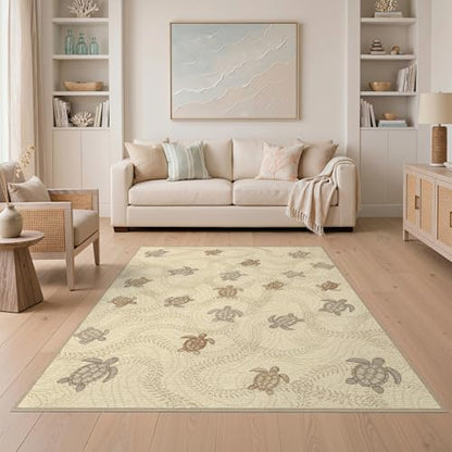 5'x7' Washable Beachy Sea Turtle Area Rug, Tan Non-Shedding Pet Friendly Carpet Easy Care Kids Safe Mat for Small Living Room, Playroom, Bedroom | Ref:1955151 - color: Beige/Pattern 21, size: 5' x 7' (Rectangular)