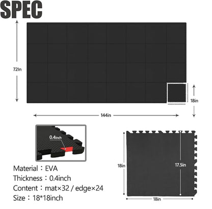 BODYTECH Interlocking EVA Soft Foam & Rubber Floor Mats 18"x18"x1/2", 32 Tiles(72 sqft), Black - Ideal for Home Gym, Kids Playroom, Workout & Pool | Shock - Absorbent, Waterproof Black