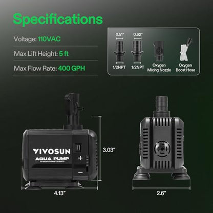 VIVOSUN 400GPH Submersible Pump(1500L/H, 15W), Ultra Quiet Water Pump with 5.2ft High Lift, Fountain Pump with 5ft Power Cord, 3 Nozzles for Fish Tank, Pond, Aquarium, Statuary, Hydroponics - size: 400GPH